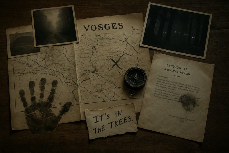 Recovered spread: a Vosges ridge map, photographs, a sooted handprint, and a note reading IT'S IN THE TREES
