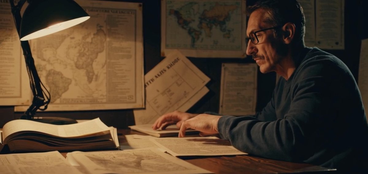 Elias Nightshade at his desk by candlelight, surrounded by books and papers
