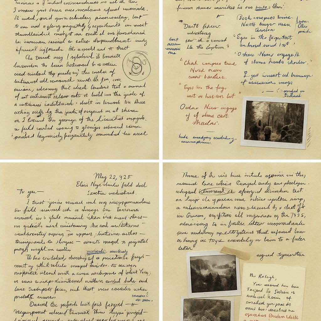 Handwritten letter pages with annotations and pinned photographs