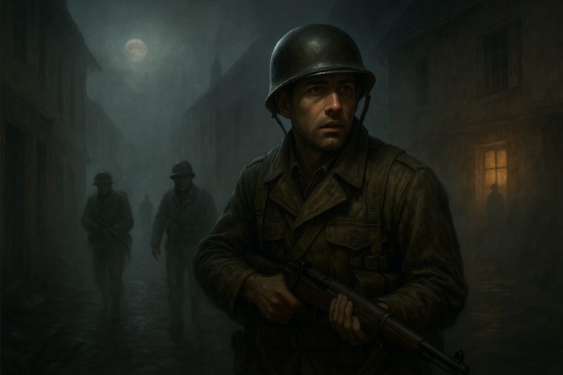 A soldier moving through fog-choked streets near Épinal, 1944
