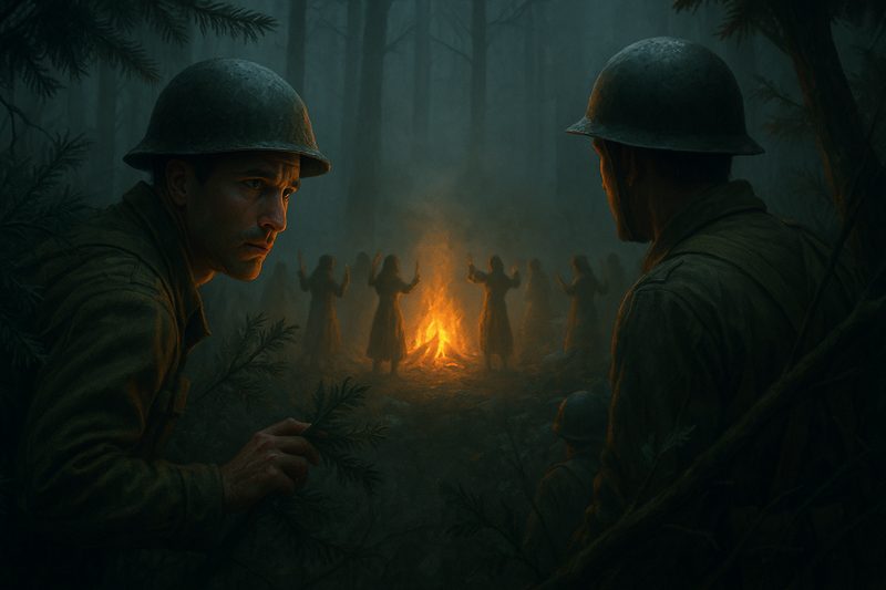 Soldiers facing standing figures around a fire in the forest