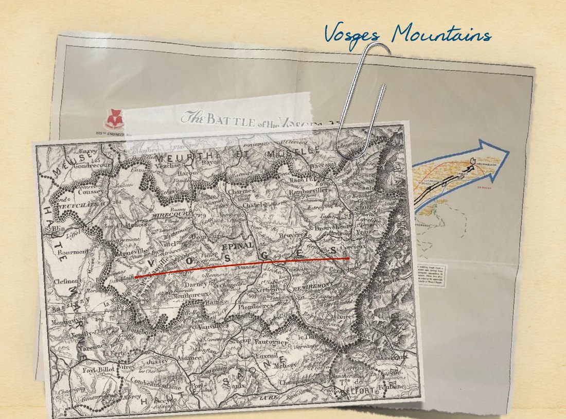 Recovered map collage of the Vosges Mountains, with a hand-annotated route line